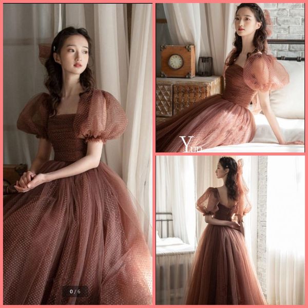 

2021 new arrival chocolate tulle a line prom dresses ankle length short sleeve pleated modest party dress bateau neck formal red carpet long, Black
