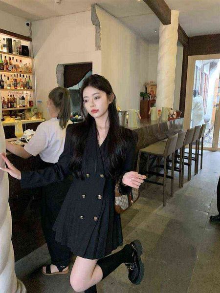 

casual dresses gao yingxian thin pleated suit skirt 2022 spring and autumn black waist short women's, Black;gray