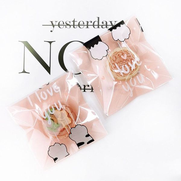 

gift wrap 50pcs/lot cartoon cute cat claw i love you pink frosted cellophane baptism sugar packaging flying wedding 2in1 cookies bag