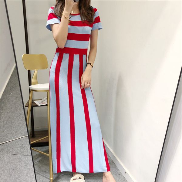 

summer ice red and blue stripe waist dress, Black;gray