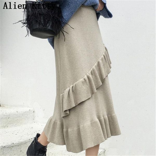 

skirts alien kitty 2021 autumn stylish winter solid elegant a-line fashion ruffles skirt mid-calf empire 4 colors, Black