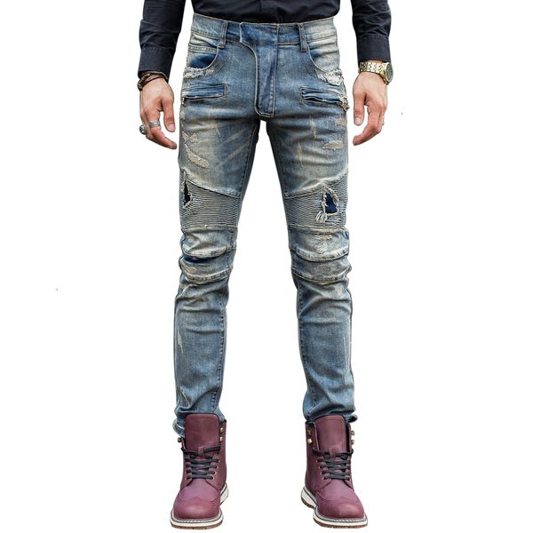 

men's and street trendy jeans raw ee holes slim slimming denim pantsp fgnk, Blue