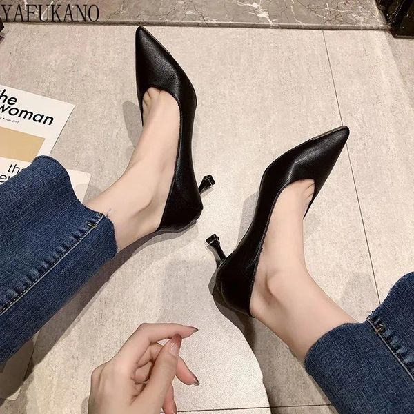 

dress shoes black soft leather comfort high heels stiletto pointed toe shallow mouth single women 2021 lady office work 7cm