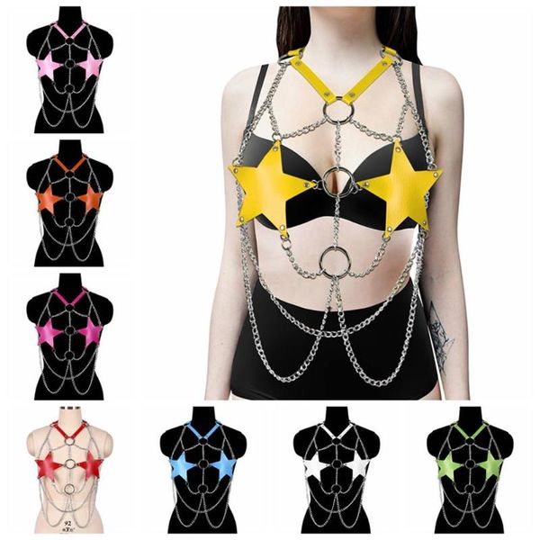 

belts body pentagram harness suspenders bodysuit women leather bondage stockings garters exotic lingerie metal chain accessories, Black;brown