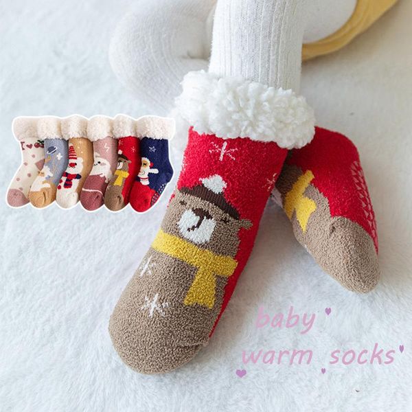 

socks christmas 2022 children baby kids coral pile warm cartoon santa claus with print short cotton, Pink;yellow