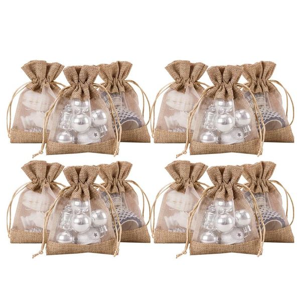 

4x5.5 inch 20 pcs burlap drawstring gift bag - burlap with one side organza wedding party welcome favor bags - tan