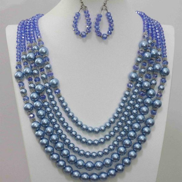 

earrings & necklace charms blue shell faux pearl 5 rows abacus glass crystal fashion women pretty jewelry set b983-13, Silver