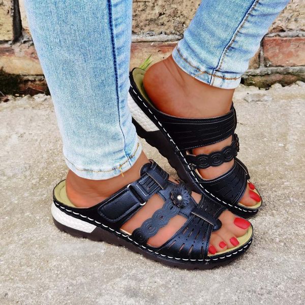 

sandals 2021 summer women outdoor open toe vintage anti-slip breathable wedges slipper fashion string bead shoes, Black