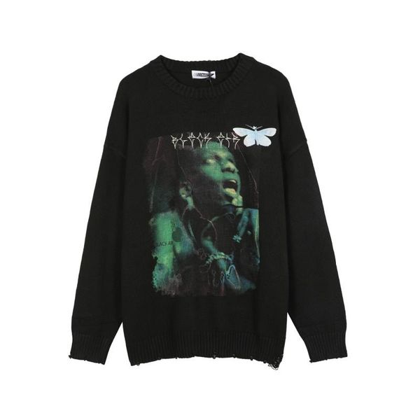 

hiphop knitwear mens sweaters 2021 harajuku fashion butterfly character print male loose casual streetwear pulloversweaters, White;black
