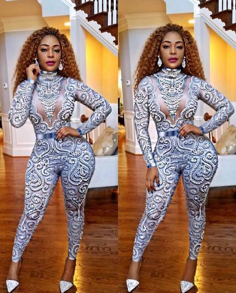 

gray long beading dj bodycon overalls club party dance clothes gmbl, Black;white