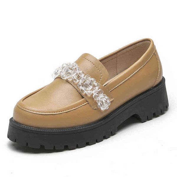 

2022 crystal genuine leather loafers women non-slip platform shoes ladies solid color slip on shallow shoes spring autumn flats, Black