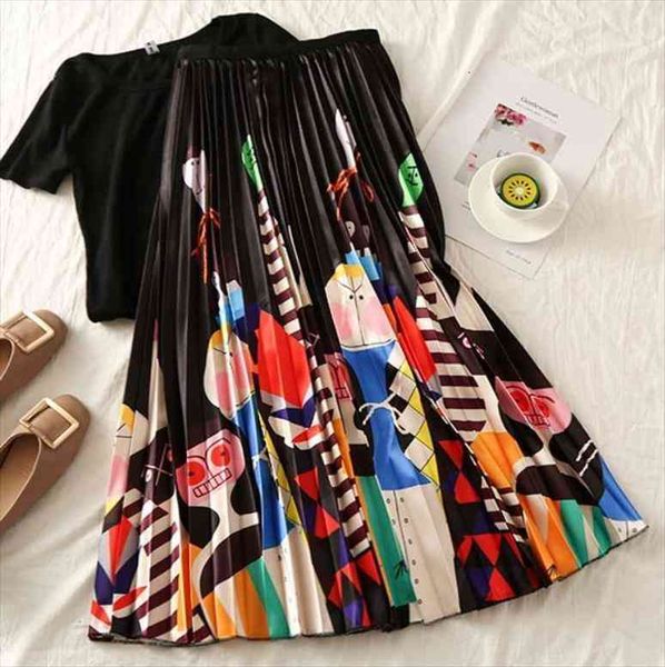 

eu style printed midi women skirt fashion casual pleated summer, Black