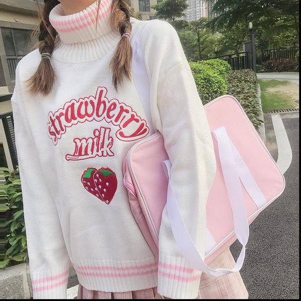 

cute strawberry embroidered loose sweater womens sweaters japanese kawaii ulzzang female korean harajuku clothing for women, White;black