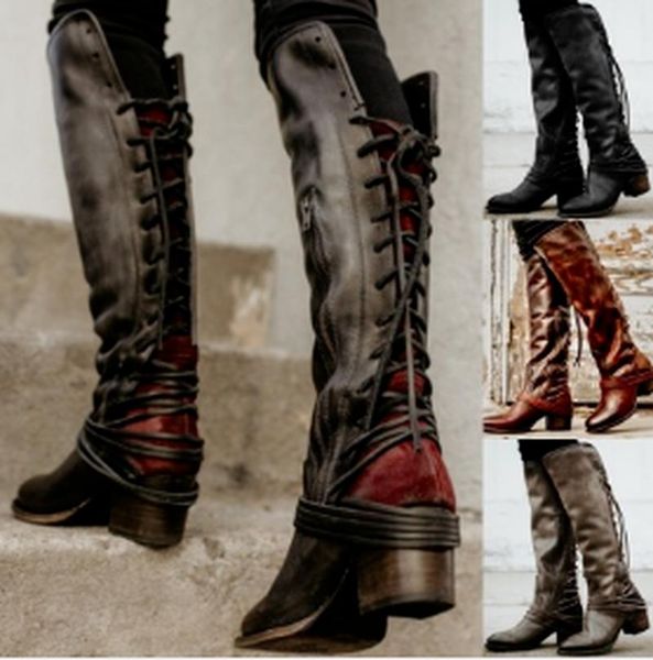 

boots knee high mid heels leather women shoes woman booties vintage ethic shoe chaussures femme zapatos mujer sapato sf1007, Black