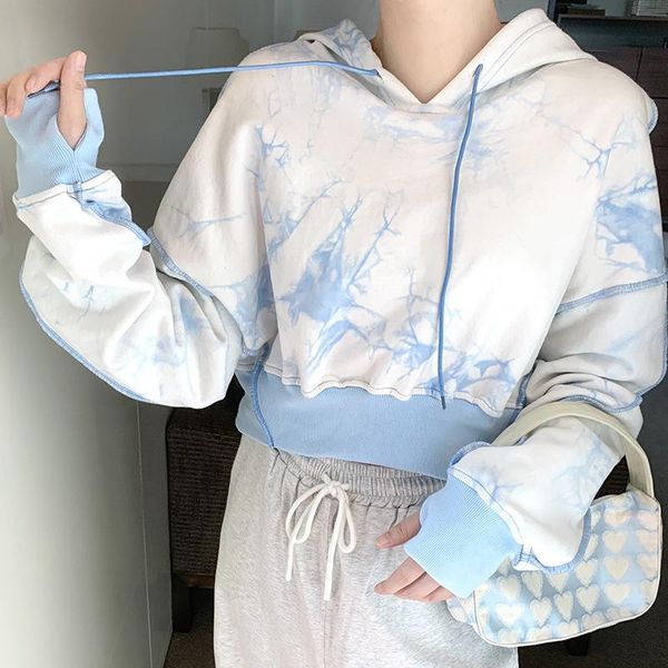

women's hoodies & sweatshirts autumn winter women with hats tie dyed loose fashion long sleeved open belly clothes short drop, Black