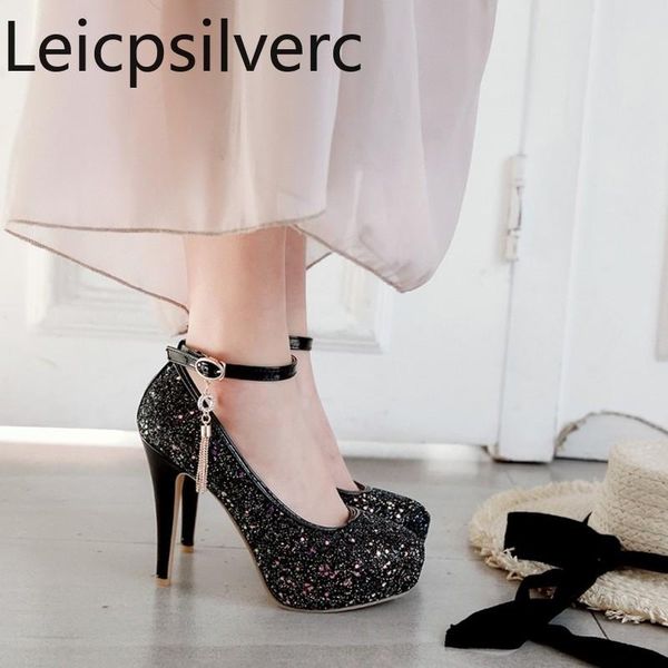 

dress shoes pumps spring and autumn the fashion round head buckle tassel sequin fine heel high women's plus size 32-48, Black