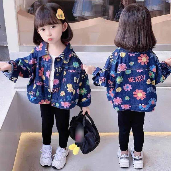 

jackets girls denim jacket spring and autumn western style child flower printed coats korean fashion kids princess jeans, Blue;gray