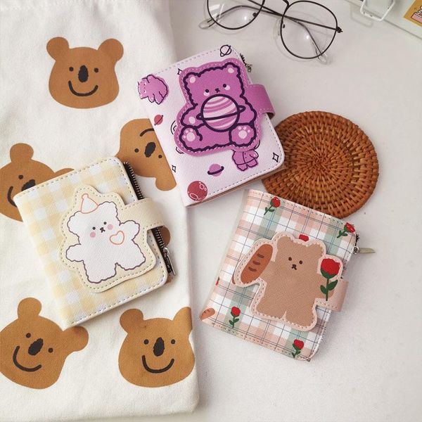 

wallets cute leather ladies wallet buckle small pu lattice bear -shaped card bag fashion student short, Red;black