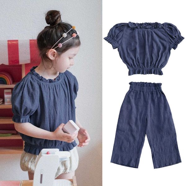 Meninas de verão bonito bolha manga blusa + pantsuit crianças dois sets baby girl roupas 210701