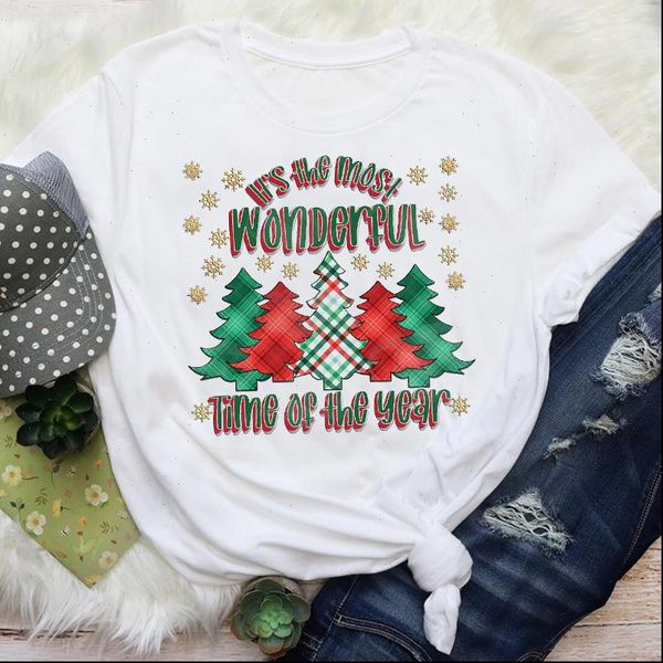 

women womens t shirts plaid tree snowflake year holiday fashion merry christmas graphic tees clothes print lady female shirt, White
