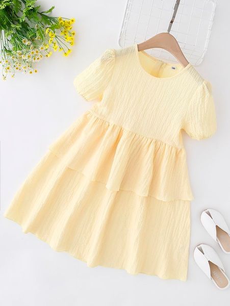 

girls puff sleeve two layer hem dress she, Red;yellow
