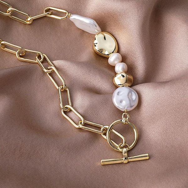 

pendant necklaces vintage baroque net red necklace female unique metal chain special-shaped pearl ot buckle ins trend irregular women, Silver
