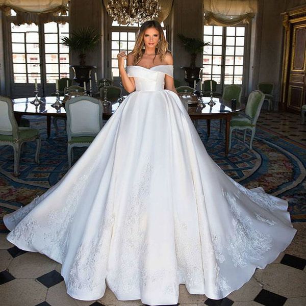 

wedding dresses v neck luxury ball gown satin off shoulder elegant princess bridal dress vestido robe de mariee noiva brautkleid, White