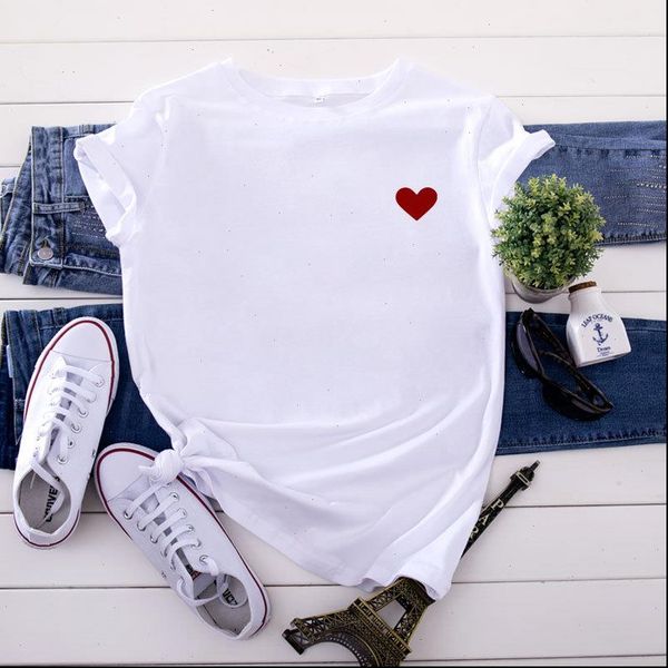 

womens t shirt heart shaped printing t shirt short sleeve harajuku graphic t shirt casual simple o neck female, White