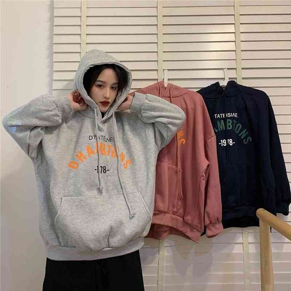 

letter printed causal loose long sleeve hooded velvet simple pocket simple winter autumn women fashion pullovers hoodies, Black