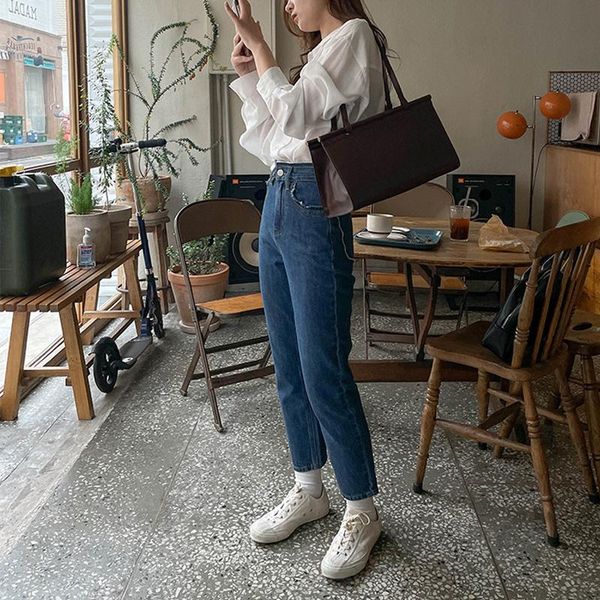 

women's jeans spring and autumn casual solid color high-rise straight-leg, Blue