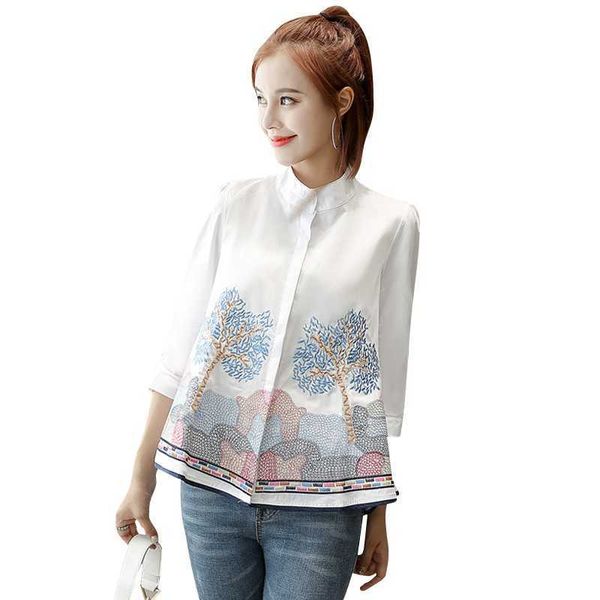 

women cotton embroidery white blouse stand neck flowers embroidered shirt summer casual shirts female 210601