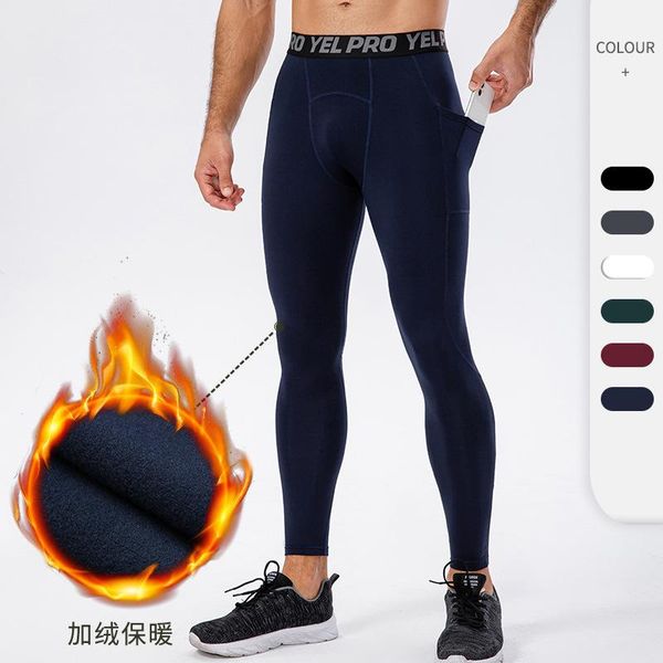 

running pants men's thermal compression training fitness sports tights with pockets jogging cycling workout base layer bottoms, Black;blue
