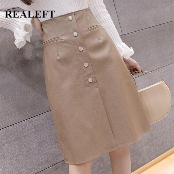 

skirts realeft autumn winter elegant pu leather midi with pocket high waist button black wrap a-line female 2021