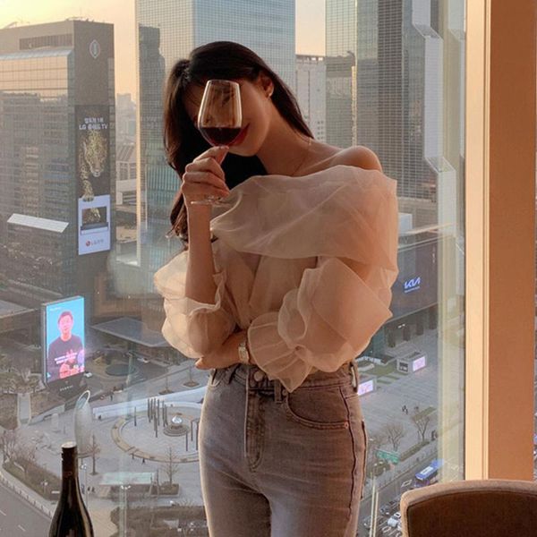 

women's blouses & shirts slash neck gauze blouse women summer elegant designed flare sleeve ladies loose harajuku korean sweet pleated, White