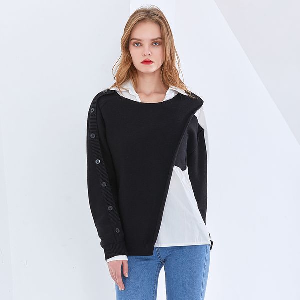 

casual patchwork knitted sweatshirt for women lapel long sleeve hit color korean female fashion new clothing, Black