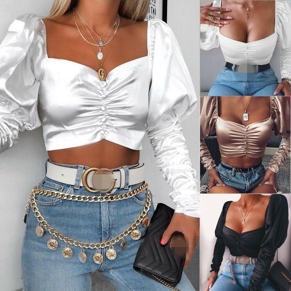 

french style vintage women square neck long sleeve satin silk button shirt ladies party club wear blouse crop top, White