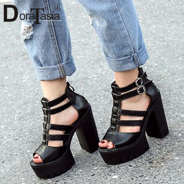

doratasia new fashion ladies platform summer roman sandals chunky high heels sandals women party office shoes woman, Black