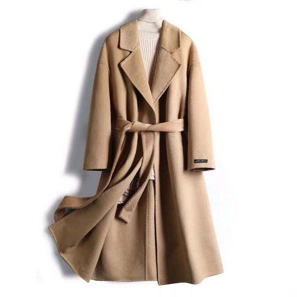 

women's wool & blends winter autumn woolen 2021 women adjustable waist belt casaco feminino abrigo largo mujer invierno jacket coat, Black