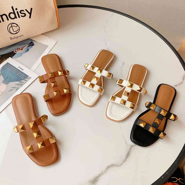 

summer new red rivet flat slippers beach fashion women's shoes, Black