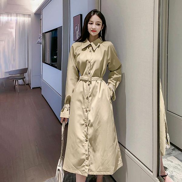 

women's trench coats 2021 autumn long sleeve windbreaker women fashion temperament mid-length lace-up waist thin single-breasted coat d, Tan;black