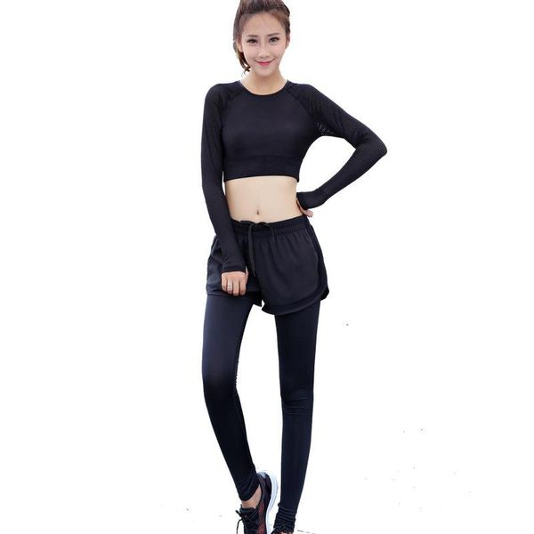 

two piece dress navel-exposed long sleeve slim mesh pants fitness exercise running suit slimming lady breathable quick drying, White