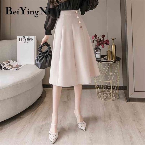 

beiyingni swing women skirt buttons elegant korean casual solid color high street skirts woman spring summer saias mujer faldas 210702, Black