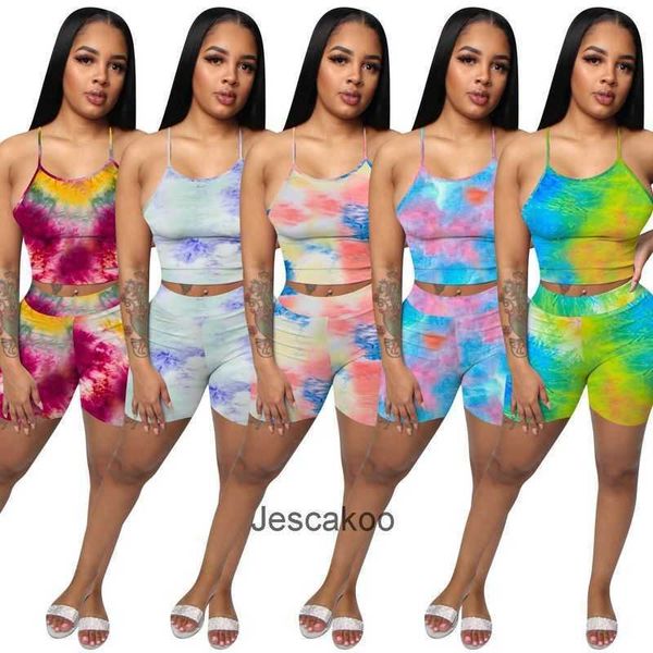 Designer Outfits Verão Mulheres Dois Peça Calções Conjunto Tie Tintura Impresso Sling Esportes Terno Sexy Verão Feminino Roupas Rainbow