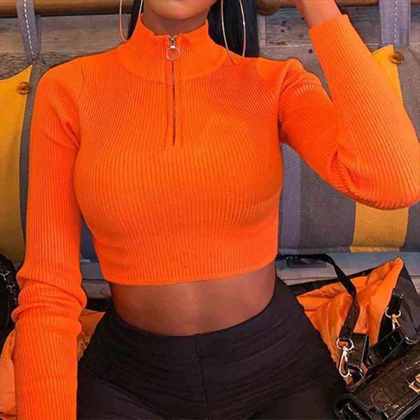 

fashion women long sleeve zipper sweatshirt slim crop girls neon bodycon pullovers streetwear club party outfit, Black