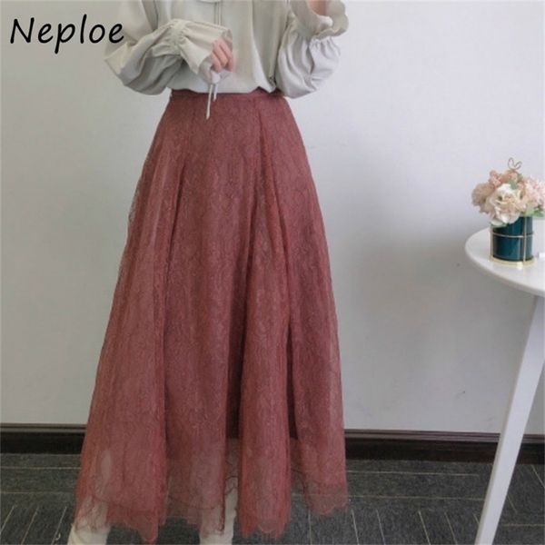 

neploe high waist draped design skirt japan style chic lace patchwork women skirts spring new casual mid length jupe 210311, Black
