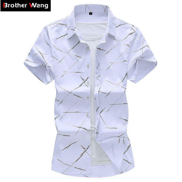 

2021 plus size 5xl 6xl 7xl summer new men's casual printed stylish white short sleeve shirt male brand clothes qhqd, White;black