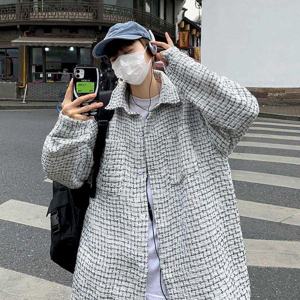

men's jackets spring plaid jacket fashion retro casual men streetwear korean loose oversized long sleeve shirt coat mens gothic, Black;brown