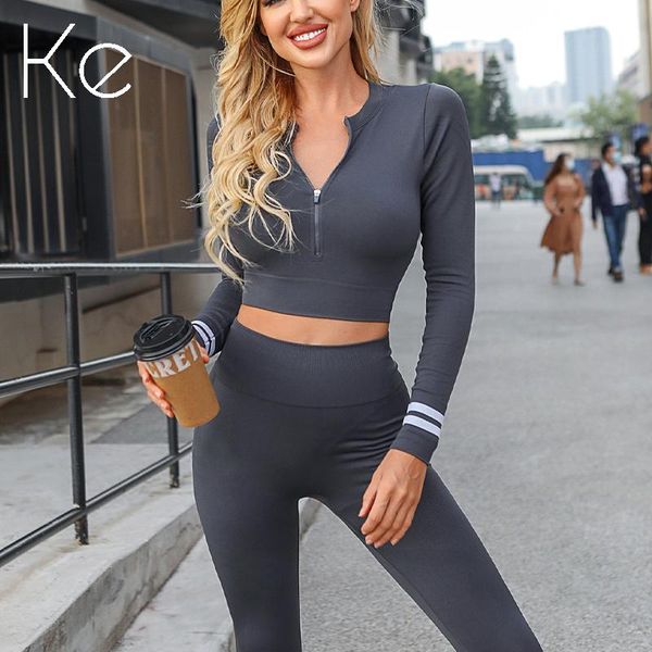 

ke 2021 new long-sleeved yoga sports suit, breathable tight-fitting running trousers, two-piece winter workout tracksuit women, White;black