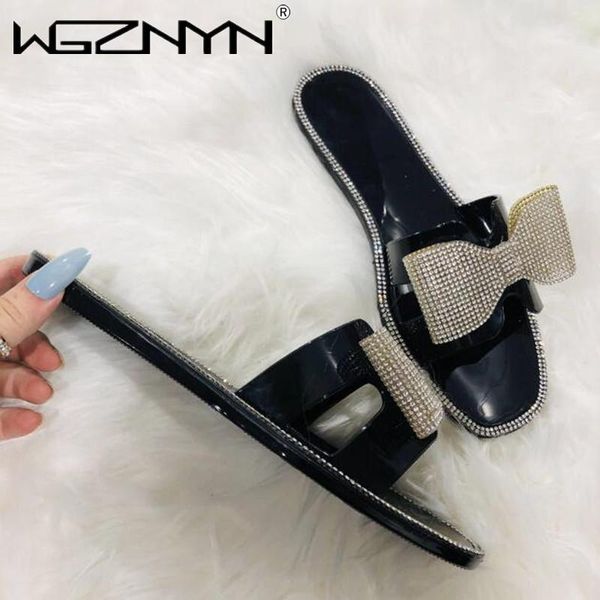 

slippers ladies bowknot beach summer shoes 2021 women slip on bling gold flat slides outdoor female casual crystal sandals, Black