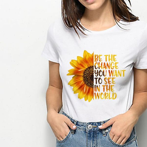 

be the change you want plus size graphic sunflower t shirt women t shirt beautiful trendy round collar, White